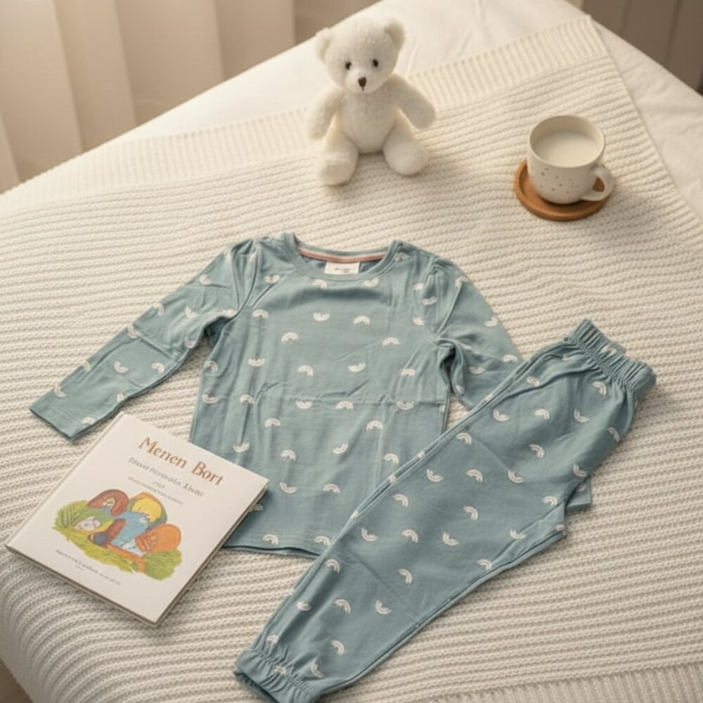 Blue Kids Pajama Set – Soft Cotton Nightwear with White Print - Picture 2 of 5